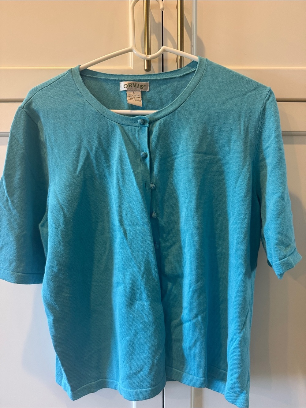 Orvis Short Sleeve Button-Front Cardigan - Turquoise Blue large 100% cotton